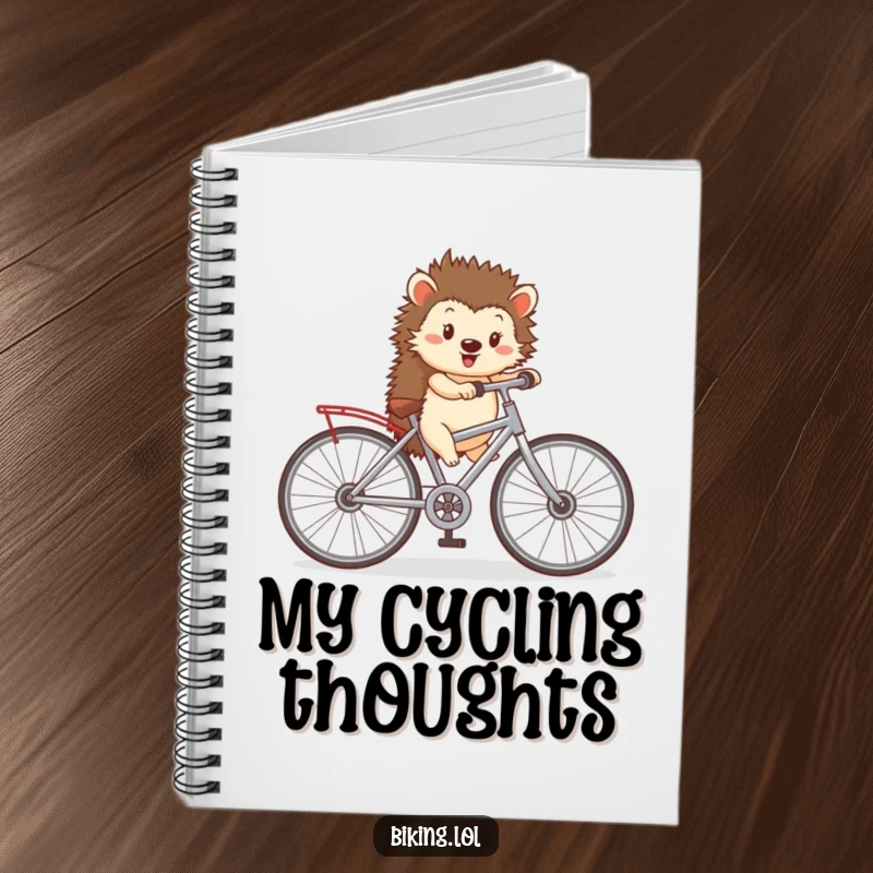 Funny notebook cover featuring a happy hedgehog pedaling a tiny bicycle with oversized wheels, inspiring cheerful planning and journeys.