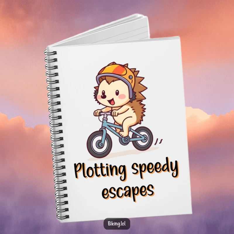 Funny hedgehog wearing helmet, on a tiny bike, featured on a notebook cover, for writing adventures.