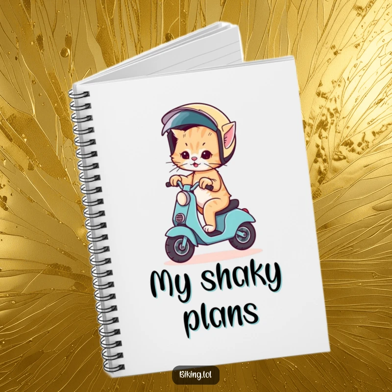 Funny notebook cover with a wobbly kitten riding a scooter, wearing a comically large helmet, inspiring creative ideas.