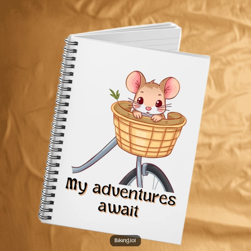 Funny curious mouse peeking from a bicycle basket, a notebook cover design that adds humor and inspiration to your writing tasks.