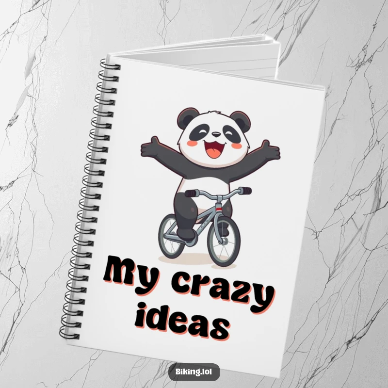 Funny panda bicycle notebook, a joyous panda riding a tiny bicycle downhill with arms outstretched and a huge smile, perfect for notes.