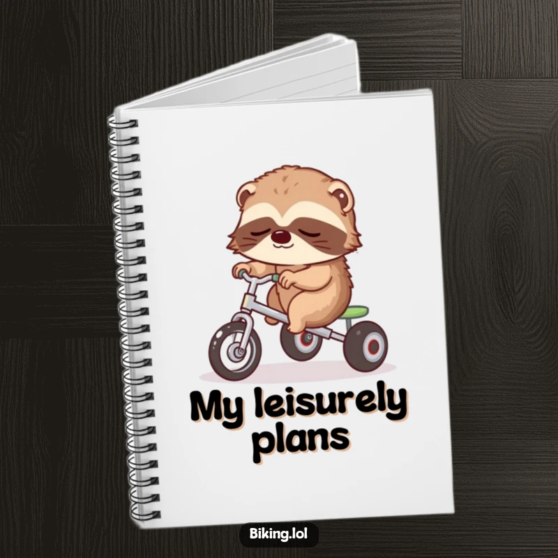 Funny notebook with a sleepy sloth slowly riding a tricycle, for journaling.