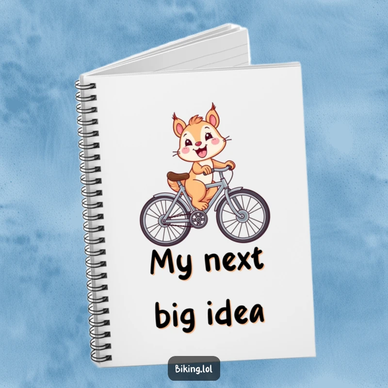 Funny squirrel riding a bicycle with big wheels and a wide smile, gracing the cover of this humorous notebook.