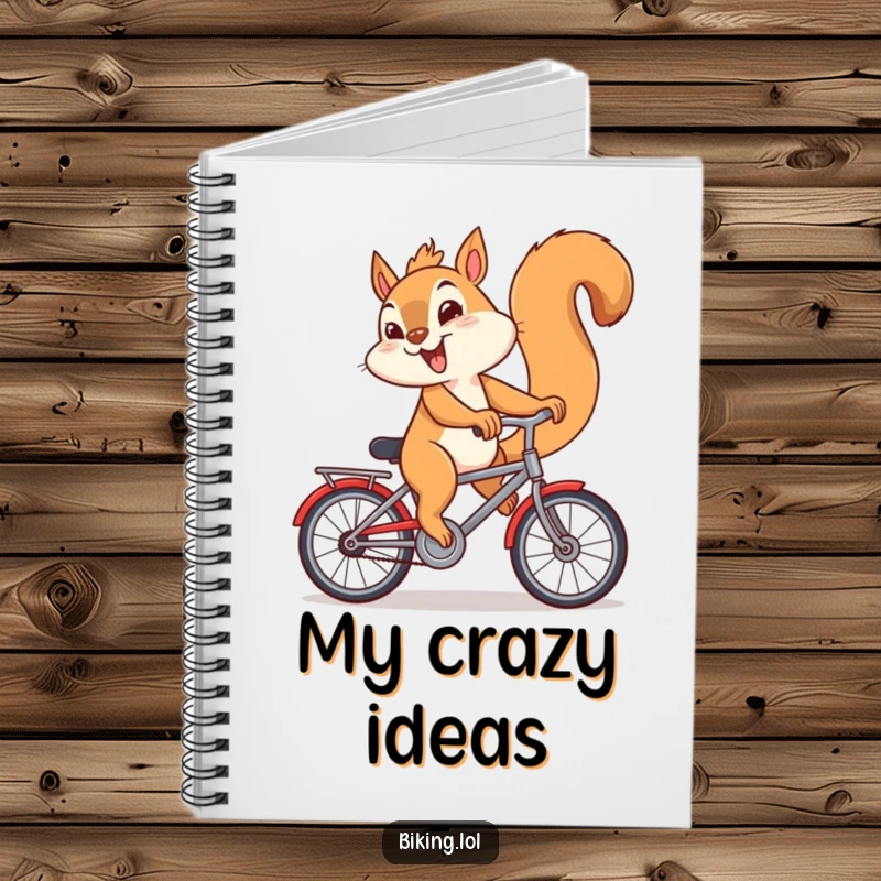 Funny notebook with a giggling squirrel riding a bicycle backwards, great for jotting funny ideas.