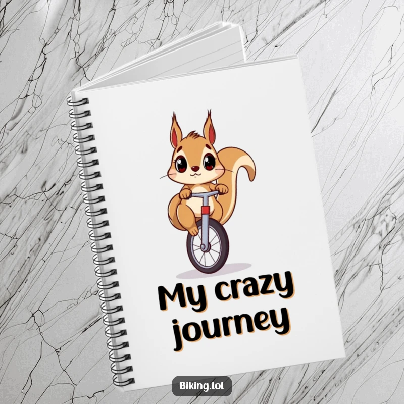 Funny squirrel notebook with a surprised squirrel riding a unicycle, perfect for jotting down notes with a humorous flair.