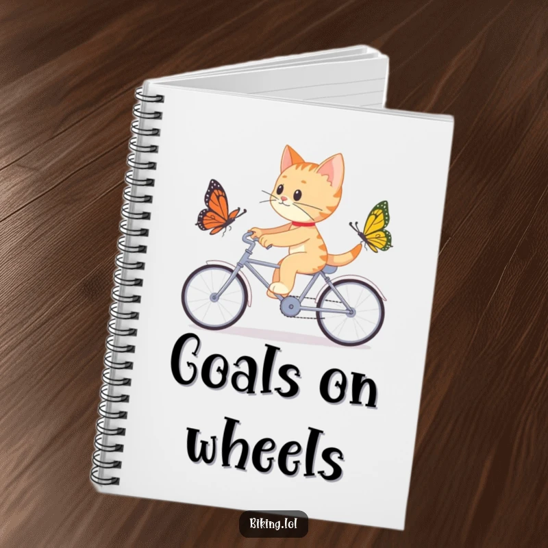 Funny notebook featuring a determined cat chasing a butterfly on a tandem bicycle, designed for capturing focused ideas and adventures.