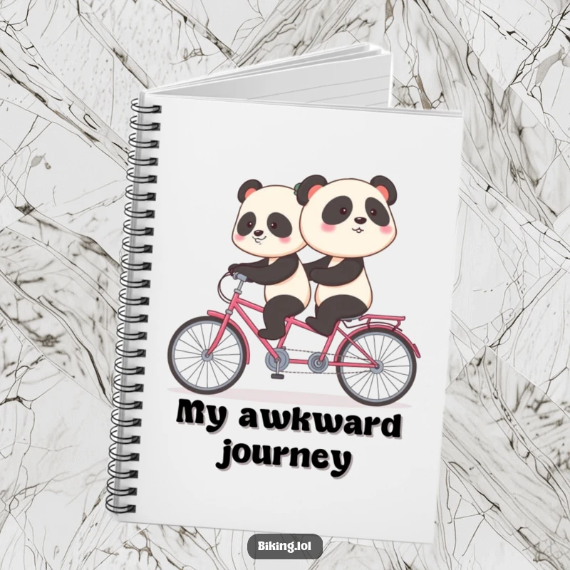 Funny panda notebook cover with a shy panda awkwardly pedaling backward on a tandem bike, ideal for jotting down thoughts.
