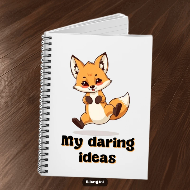 Funny notebook featuring a confident fox cub performing a wheelie on a bicycle, designed for capturing daring ideas and adventures.