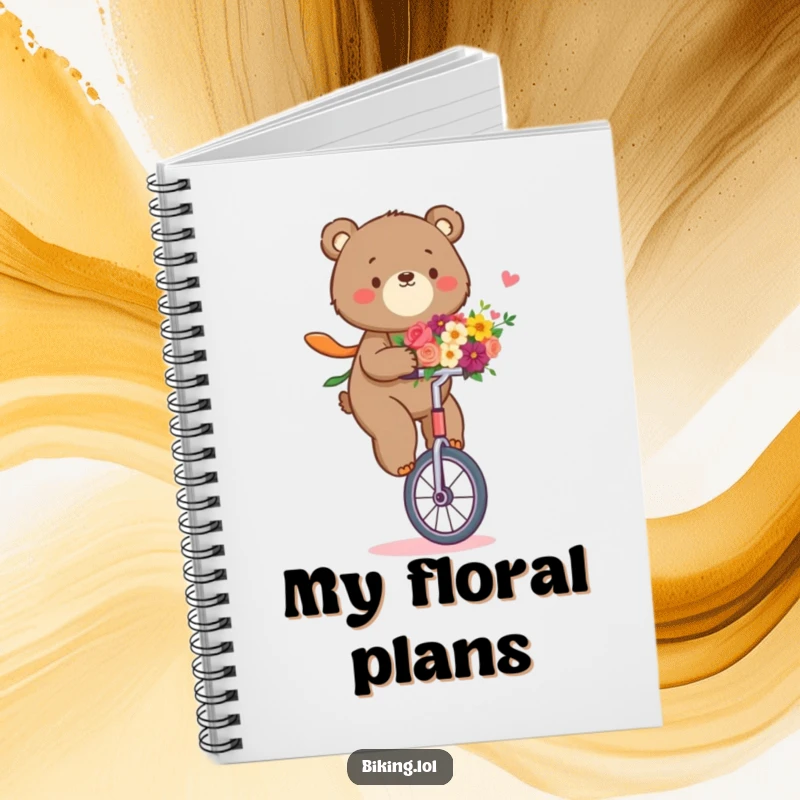 Funny bear notebook with a determined bear riding a unicycle, holding a bouquet of flowers, ideal for journaling.