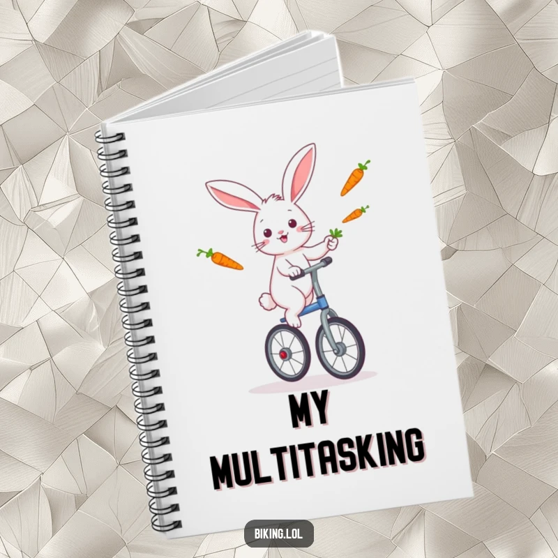 Funny rabbit artistically juggling carrots while riding a unicycle, inspiring creative thoughts in this funny notebook.