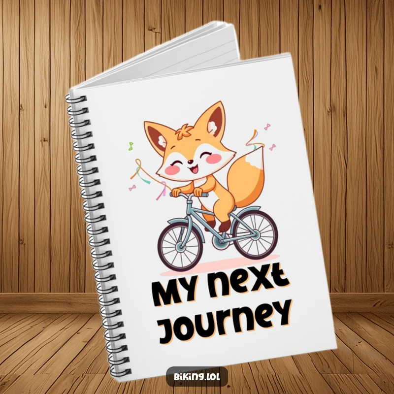 Funny notebook cover with a cheerful fox riding a bicycle with streamers, designed for funny note-taking.