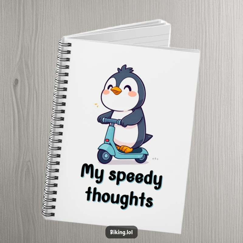 Funny Penguin Notebook: An excited penguin rides a scooter with determination, perfect for jotting down ideas and adventures.