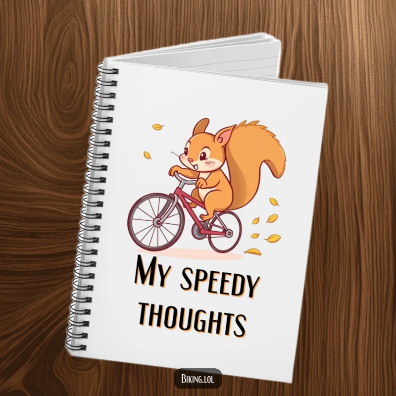 Funny notebook cover art of a determined squirrel comically riding a bicycle at top speed, leaving a trail of leaves.