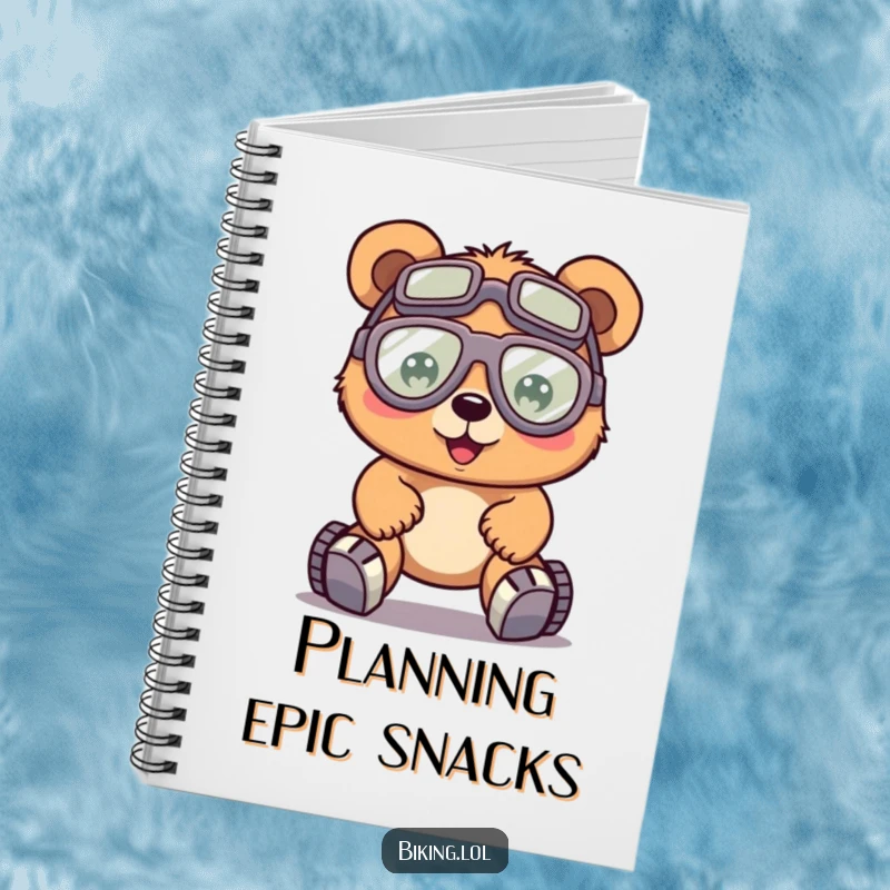 Funny bear wearing goggles, pedaling a bike with great effort, on a notebook cover, for planning goals.