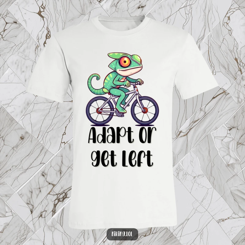 A funny chameleon character, a rainbow blur of colors, riding a fast bicycle, printed on a fun t-shirt.