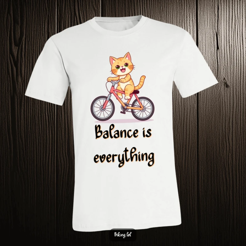 Funny cat t-shirt depicting a confident cat masterfully doing a wheelie on a vibrant bicycle, exuding coolness.
