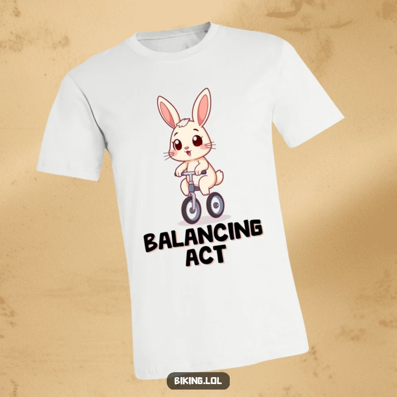 Funny bunny in a t-shirt, wobbling precariously on a unicycle with a determined grin, a hilarious and funny gift.