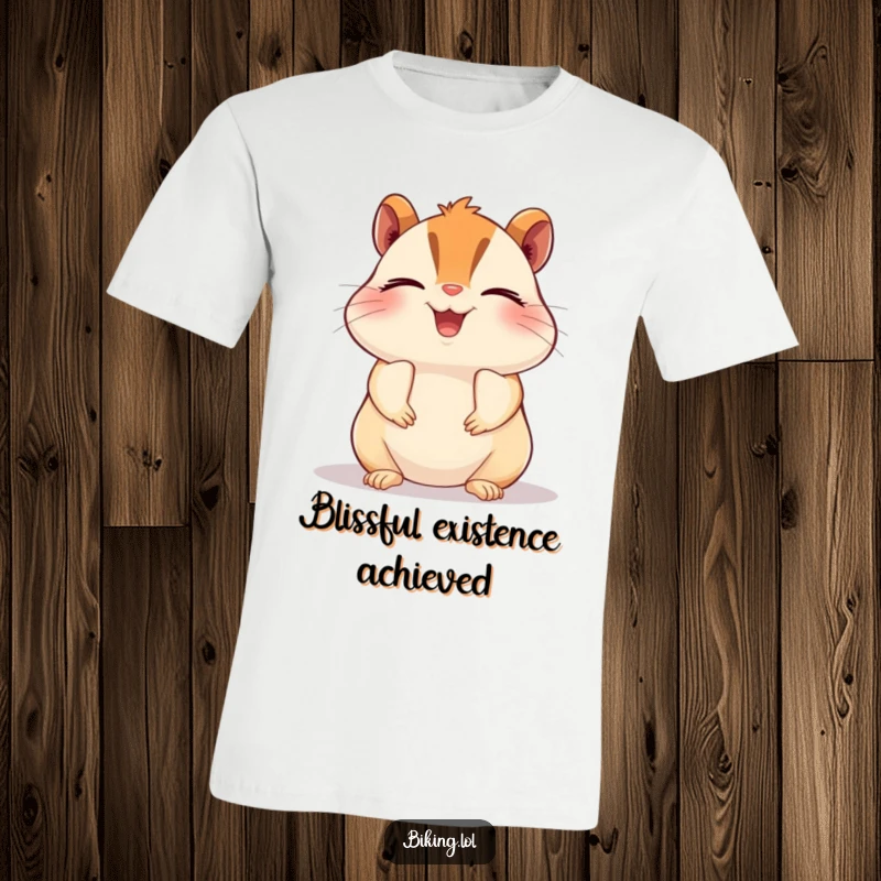 Funny chipmunk t-shirt, a beaming chipmunk pedaling a bike with closed eyes in pure bliss, zen and humorous.