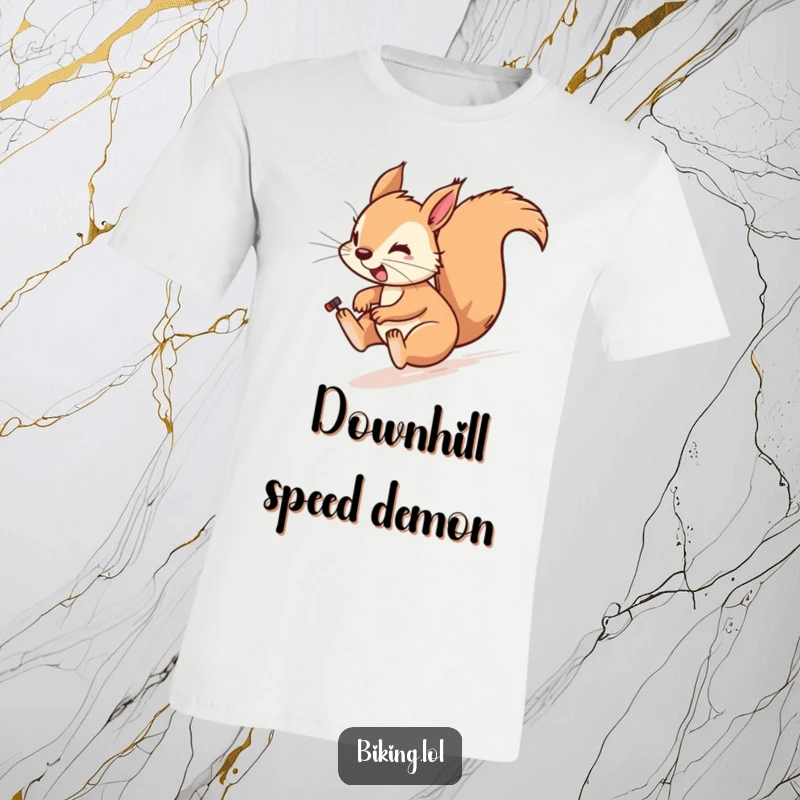 Funny T-Shirt depicting a playful squirrel cycling downhill fast, wind blowing through fur.