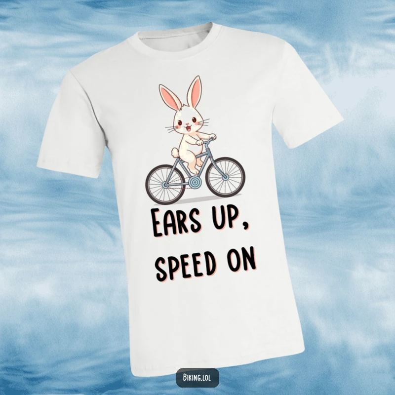 Funny rabbit t-shirt featuring a cheerful rabbit zooming downhill on a bicycle, ears flying in the wind, full of glee.
