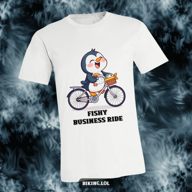 Funny penguin t-shirt featuring a laughing bird riding a bicycle with a fish in its basket, a symbol of pure glee.
