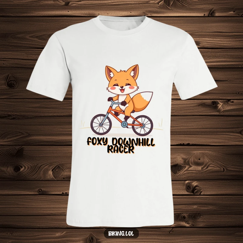 Funny fox t-shirt, depicted with paws out, joyfully riding a tiny bicycle downhill with a huge smile.