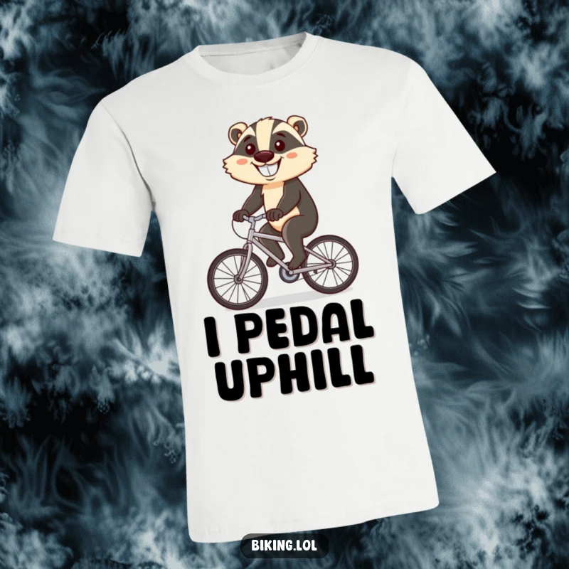 Funny T-Shirt with a determined badger cycling uphill, grinning widely, a humorous image for athletes.