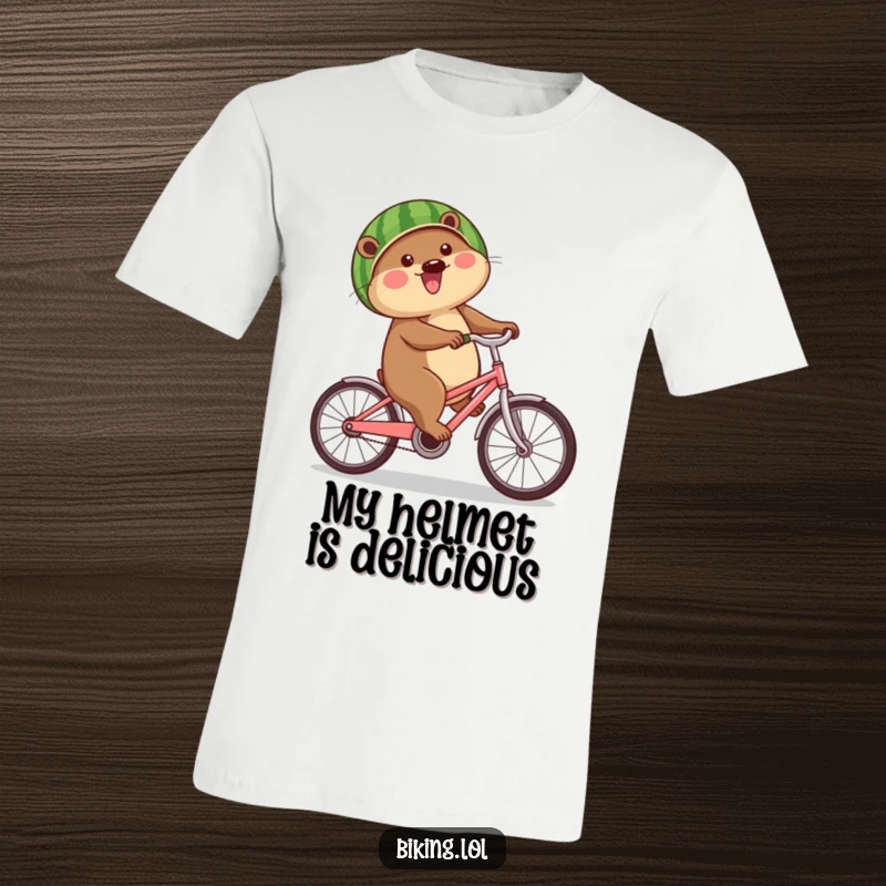 Funny beaver t-shirt featuring a happy beaver biking with a watermelon as a helmet, celebrating quirky outdoor fun.