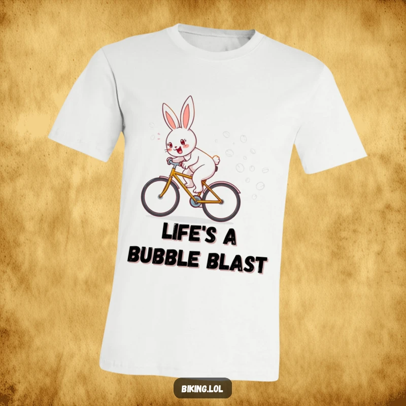 Funny t-shirt showcasing a happy bunny cycling enthusiastically, leaving a whimsical trail of iridescent bubbles behind, a funny gift.