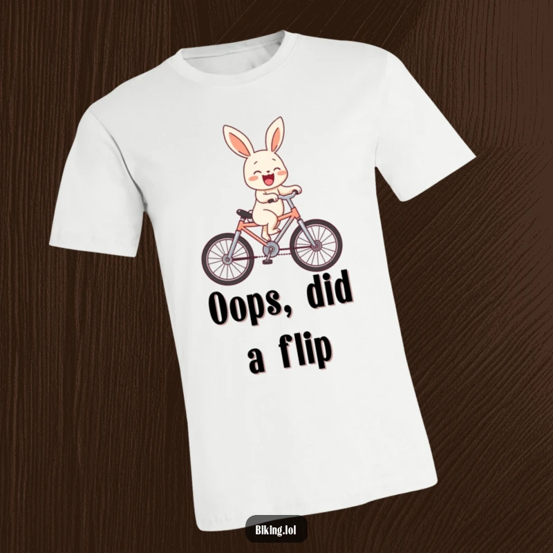 Funny bunny character in mid-air, laughing uncontrollably while performing a wheelie on a miniature bike, a humorous t-shirt.