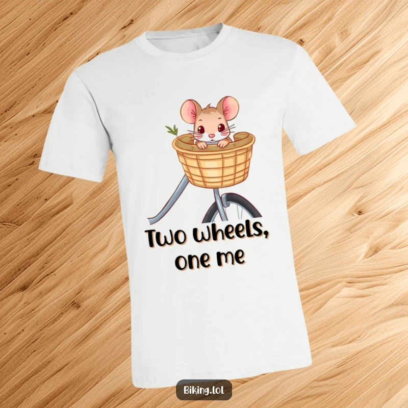 Funny curious mouse peeking from a bicycle basket, a whimsical t-shirt design exuding adventure and humor for screen readers.