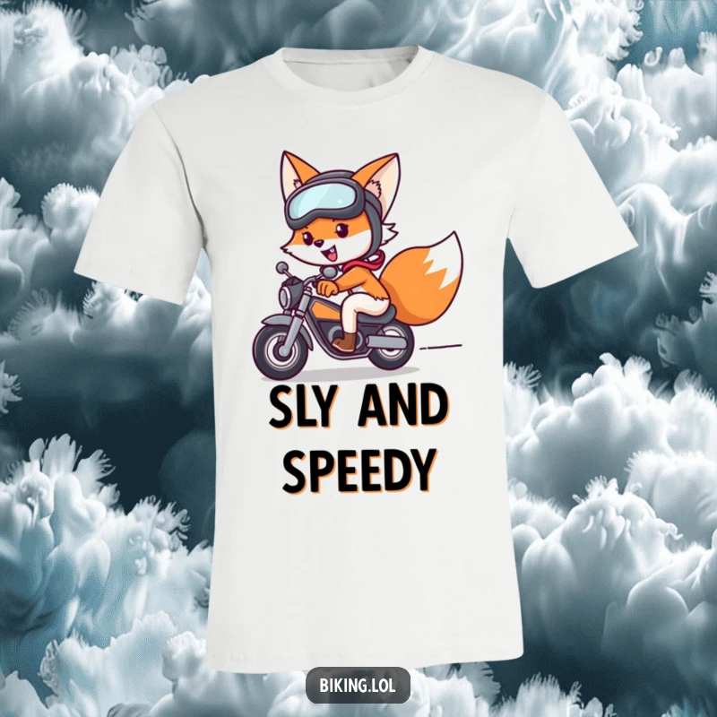 Funny fox in a t-shirt, wearing helmet and goggles, speeding on a bike with a determined look, a great funny gift.