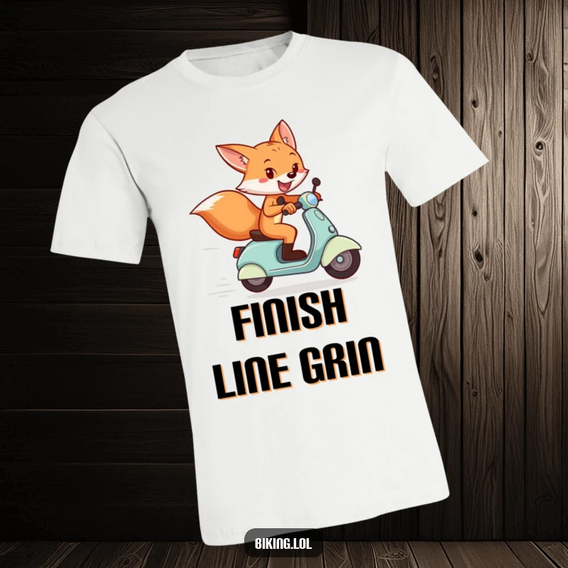 Funny t-shirt with a playful fox zooming past a finish line on a scooter, grinning victoriously.