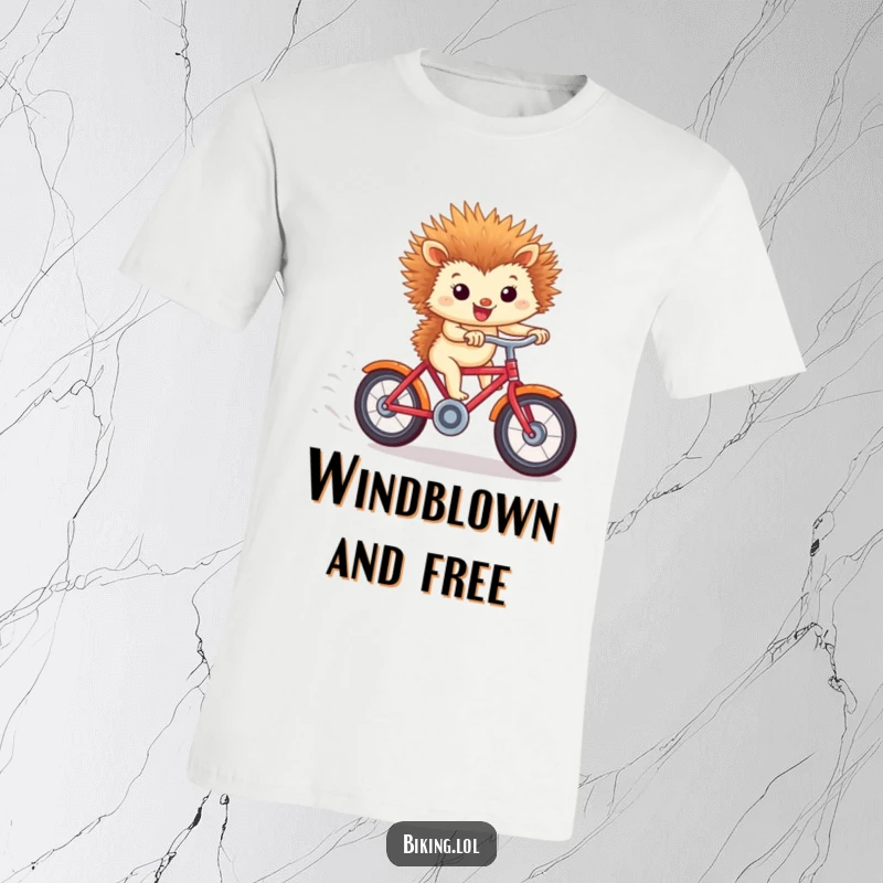 Funny t-shirt featuring a tiny hedgehog racing downhill on a bicycle, ears windblown, a great funny gift.