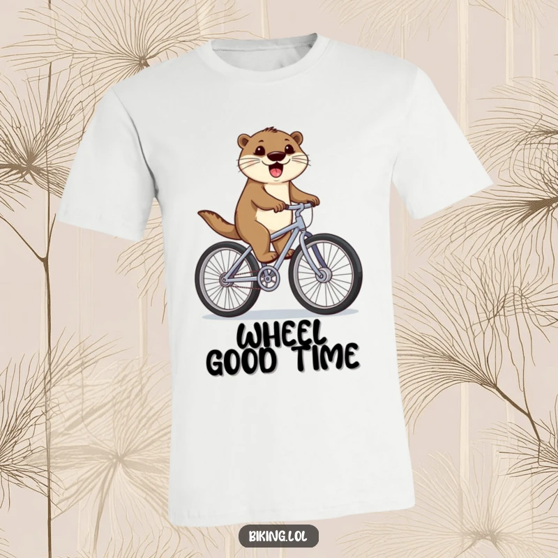 Funny otter enthusiastically pedaling a bicycle with comically large wheels, conveying pure joy and humorous determination, a great funny gift.