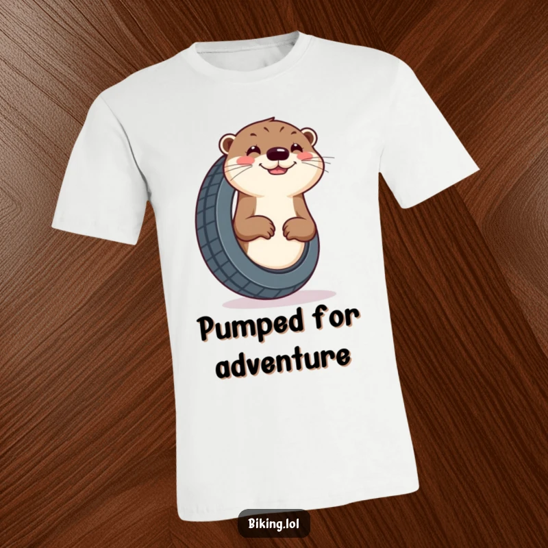 Funny otter t-shirt, depicted with a cheerful grin, enthusiastically pumping a bicycle tire with great effort.