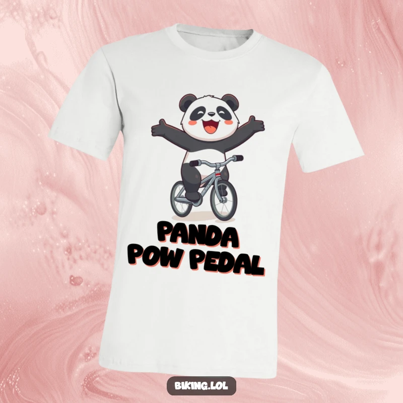 Funny panda bicycle t-shirt, a happy panda with arms wide, riding a small bicycle downhill with an enormous smile, embodying pure joy.