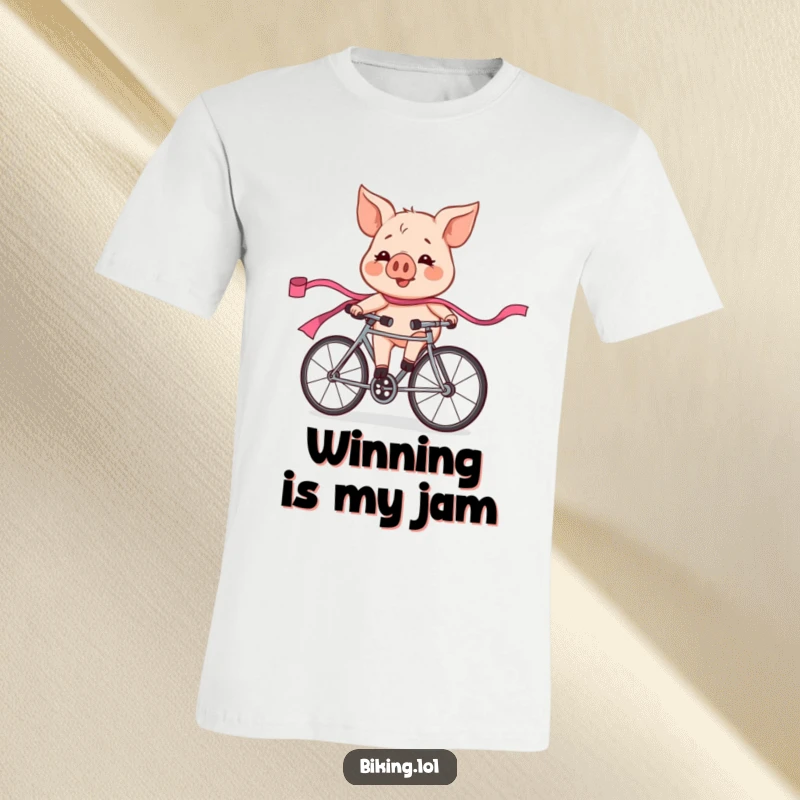 A flushed and exhilarated funny pig in a bicycle race, leaving a pink ribbon trail, printed on a fun t-shirt.