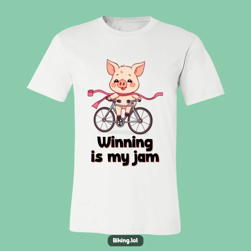 Funny Pig Race T-Shirt: Exhilarated Cyclist Character Pink Ribbon Tee