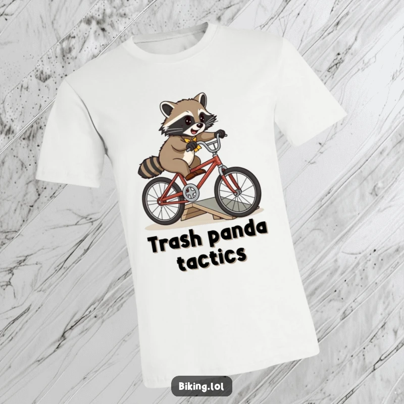 Funny playful raccoon attempting a jump over a small ramp on a vintage bicycle on a comfortable t-shirt.