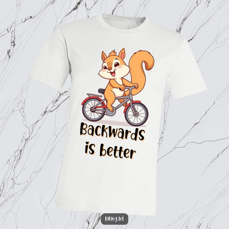 Funny t-shirt with a giggling squirrel riding a bicycle backwards, a mischievous and humorous funny gift.