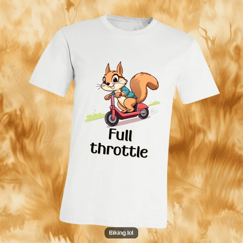 Funny squirrel in determined pursuit, riding a scooter downhill with a wide, cheeky grin on a t-shirt.