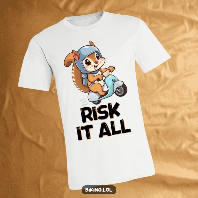 Funny t-shirt showcasing a squirrel in a helmet, eyes wide with thrill, speeding downhill on a scooter, capturing pure adrenaline and humor.