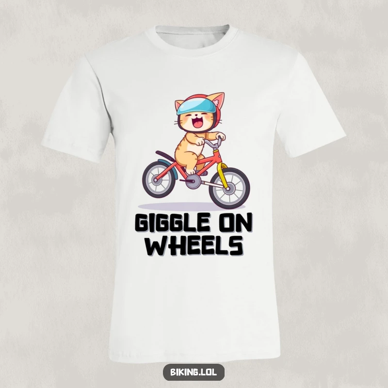 Funny cat t-shirt depicting a giggling cat in a helmet performing a bike wheelie, celebrating feline antics and humor.