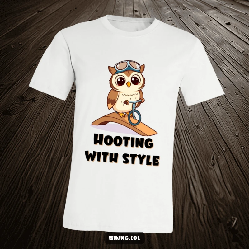 Funny owl in a cycling cap, navigating a ramp, wearing a t-shirt, looking smart and elegant.