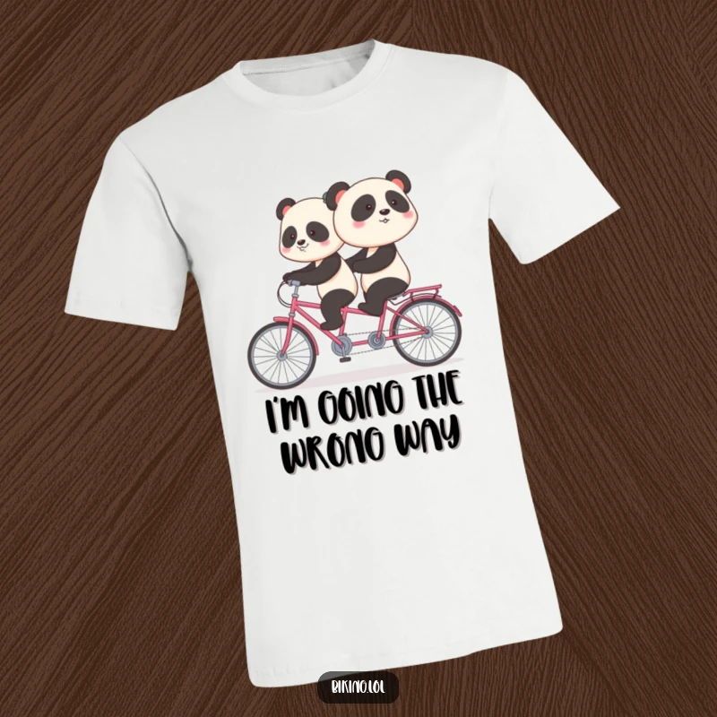 Funny panda t-shirt featuring a shy panda pedaling backward on a tandem bike, celebrating quirky and awkward moments.