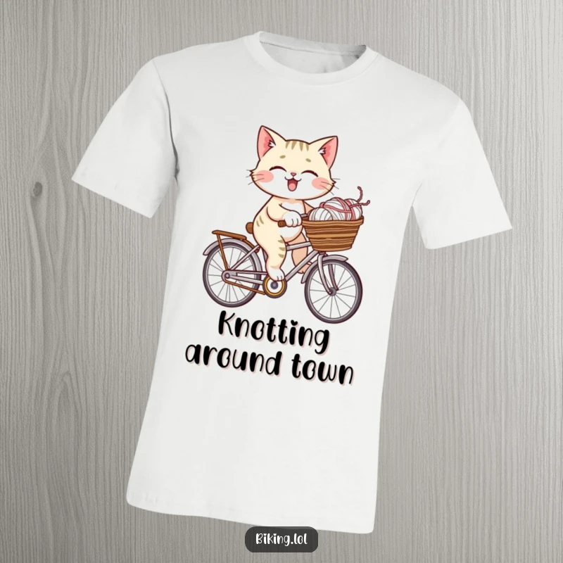 A giggling cat happily riding a bicycle, basket overflowing with yarn, showcased on this funny and charming t-shirt.