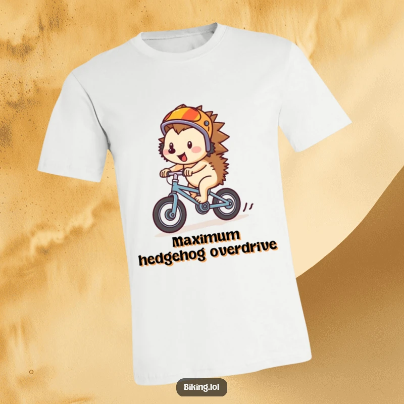 Funny hedgehog in helmet, cycling downhill on tiny bike, wearing a t-shirt, conveying speed and excitement.