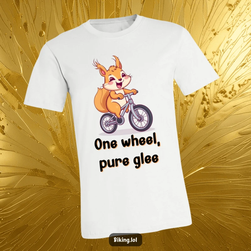 Funny squirrel t-shirt, depicted with windblown fur, cheerfully pedaling a unicycle with a massive grin.