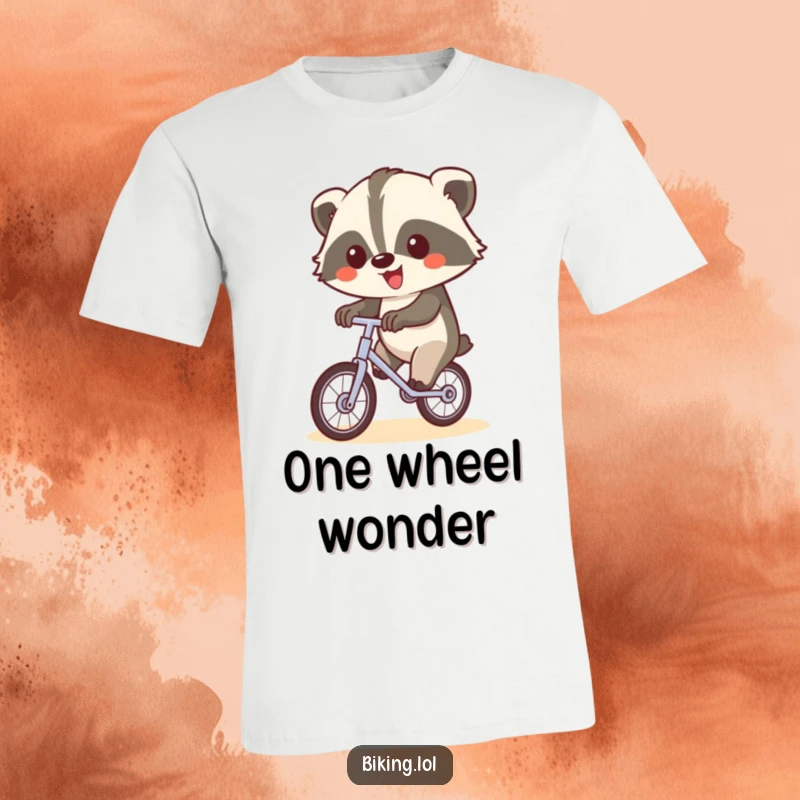 Funny t-shirt with a happy badger on a unicycle waving, a delightful and funny gift.